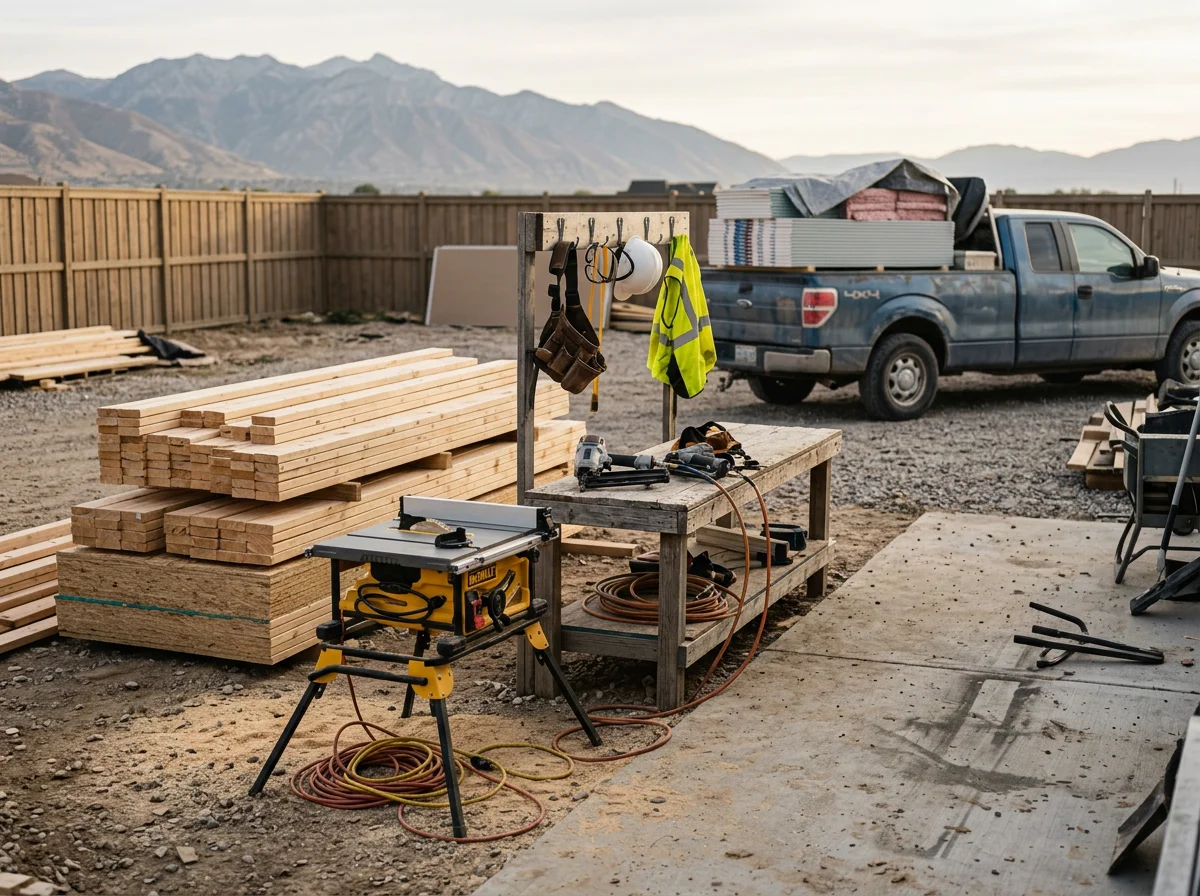 Construction crew and tools on an active job site, showcasing the equipment and workspace typical of residential remodeling and framing projects.