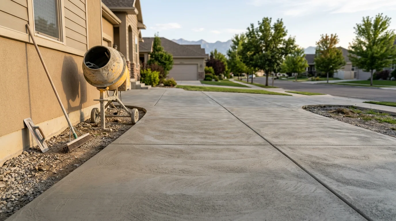 Finished concrete driveway at a residential home in Utah County