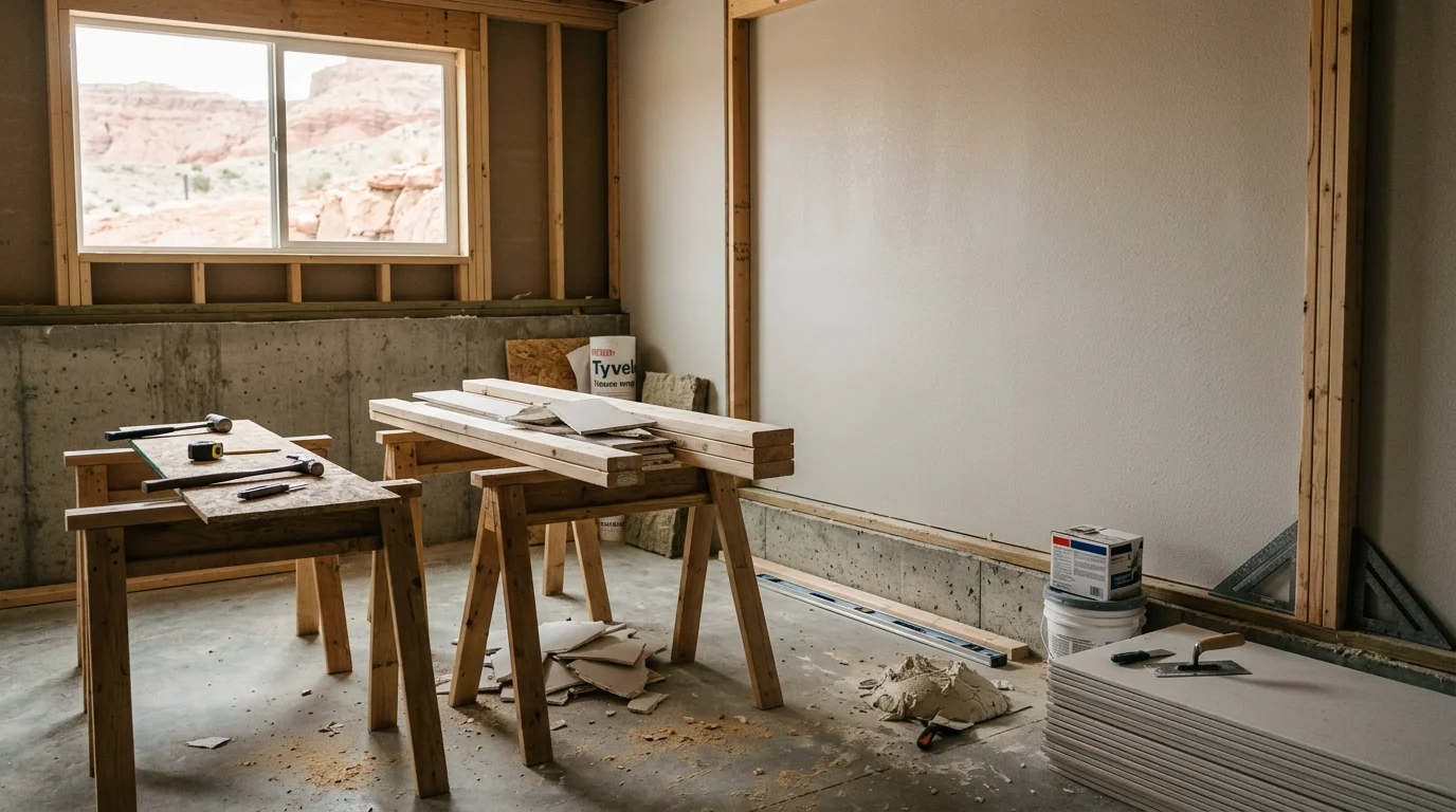 Construction crew framing a home addition in Utah County