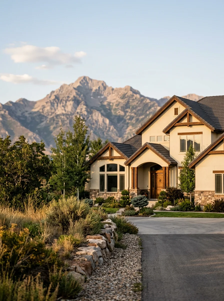 Exterior of an Alpine Utah estate home in Lambert Park Estates, showing stucco siding on a large lot with Lone Peak and the Wasatch Range visible in the background.