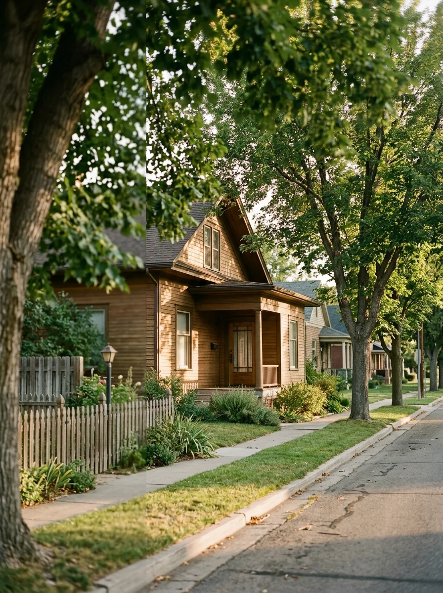 Exterior of an older American Fork Utah home near the historic downtown grid, showing wood siding and mature trees on a large lot.