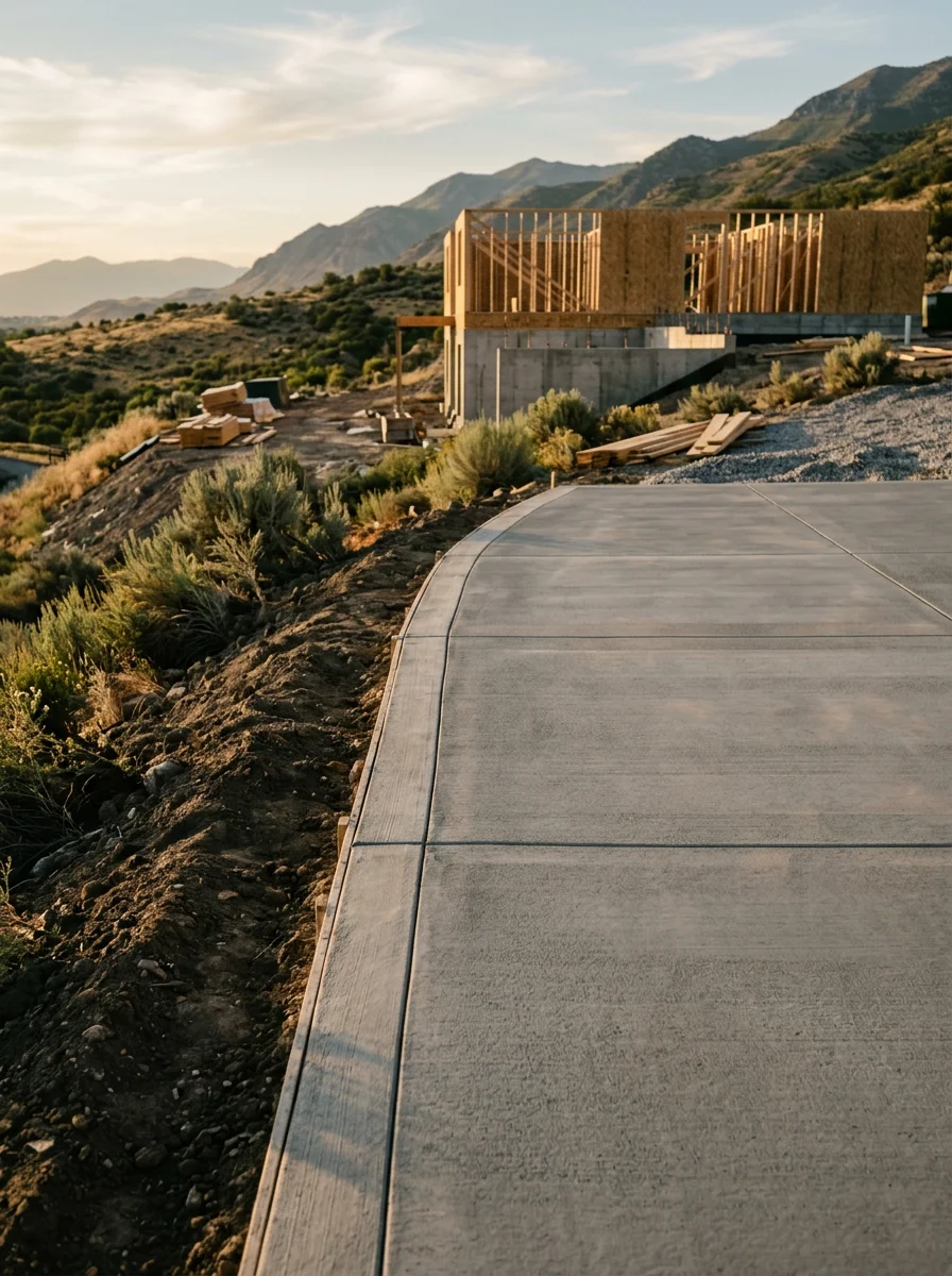 Concrete driveway and flatwork on a sloped Bluffdale Utah residential lot, showing graded surface and finished pad adjacent to a single-family home.
