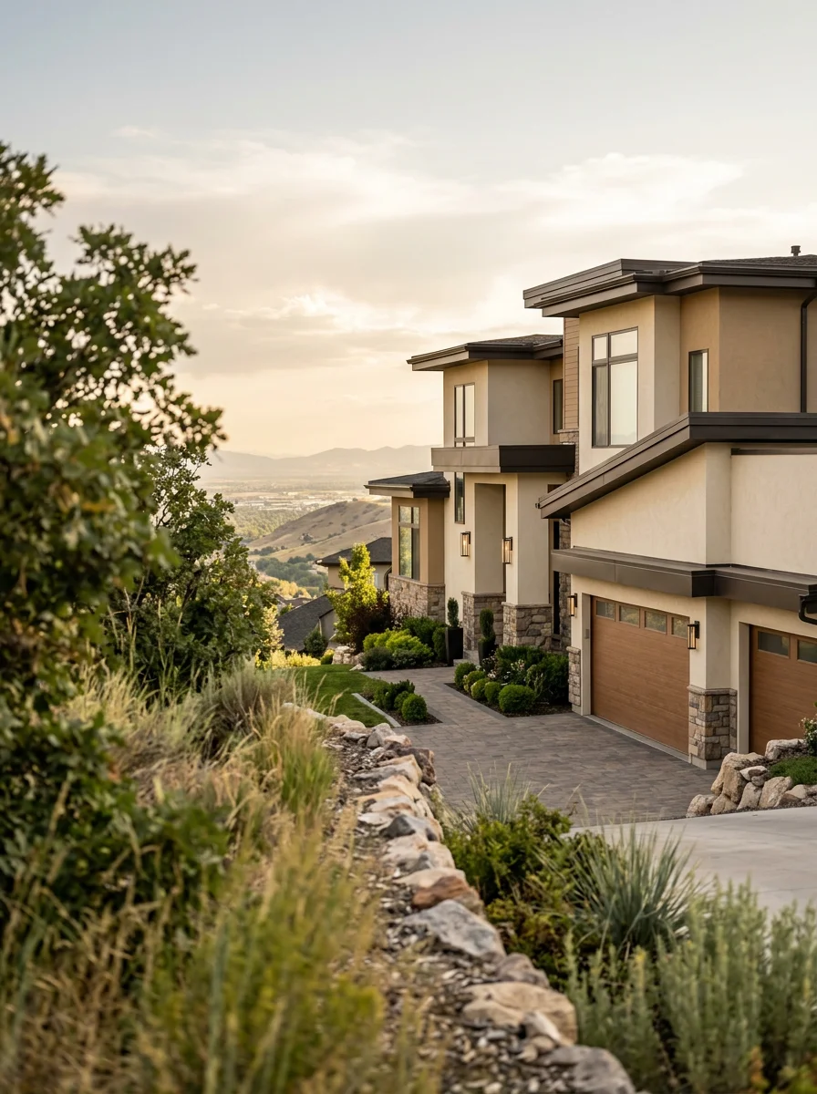 Exterior of a Draper Utah home in the South Mountain neighborhood, showing stucco siding and a three-car garage on a sloped lot with valley views.