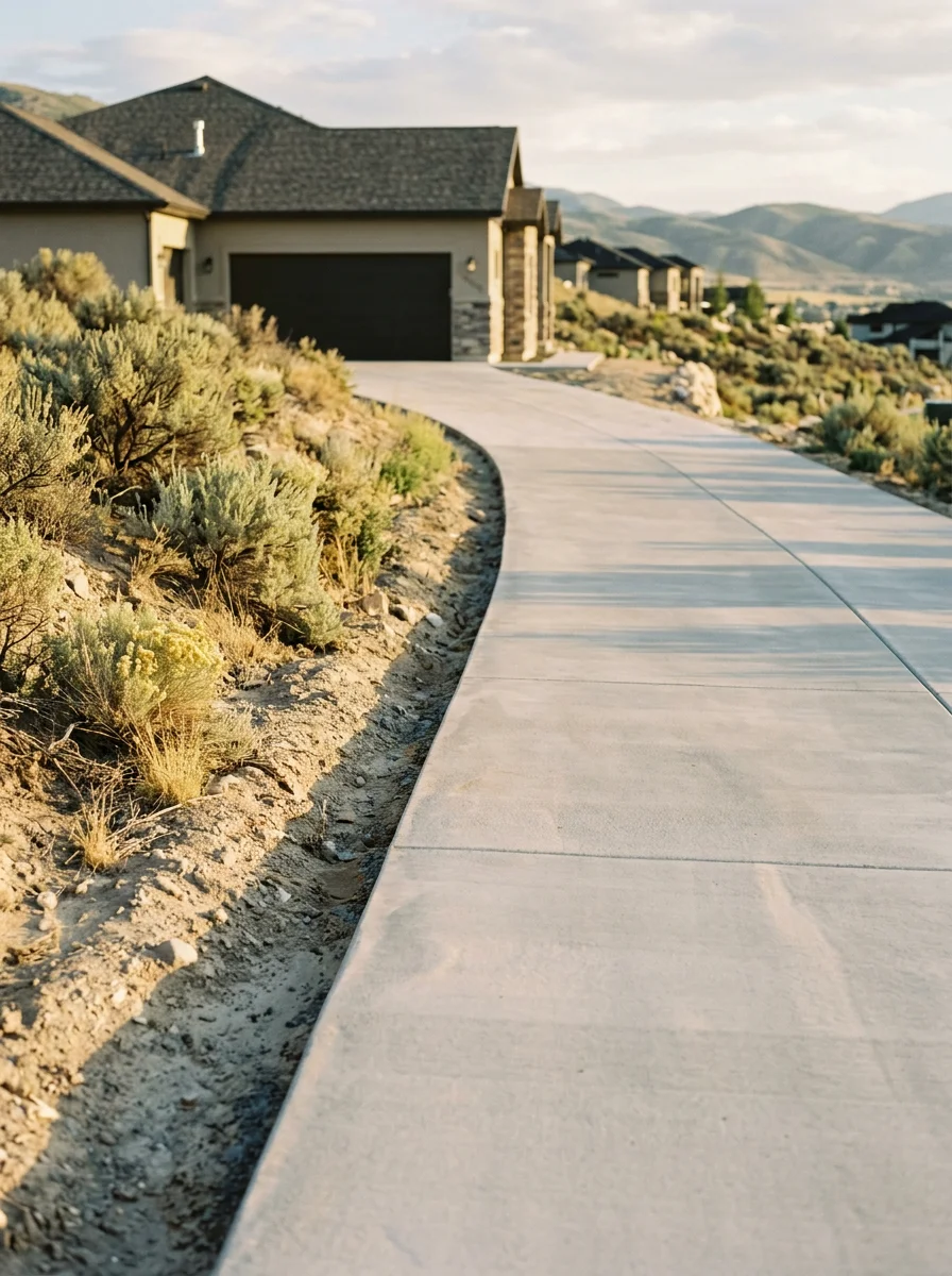 Concrete driveway and flatwork on a sloped Eagle Mountain Utah residential lot, showing graded pad and finished surface adjacent to a new construction home.