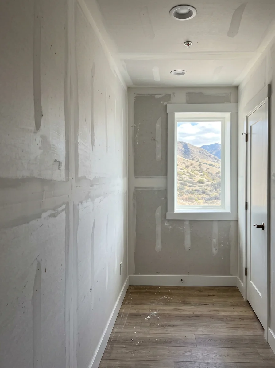 Interior view of a finished basement bedroom in a Lehi Utah subdivision home, showing drywall, recessed lighting, and egress window.