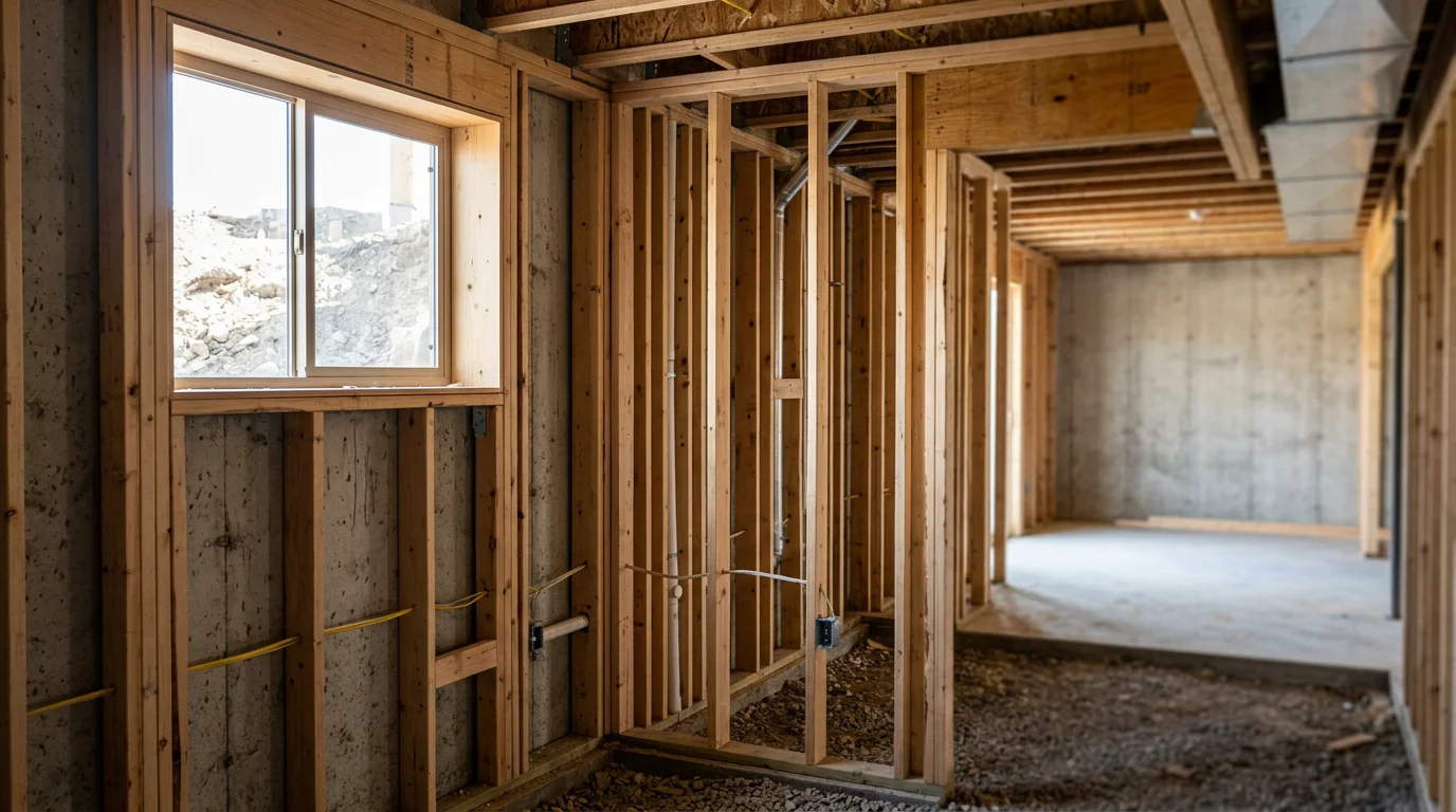 Newly framed basement in a Lehi Utah planned community home, with open stud walls and concrete foundation ready for drywall and finish work.