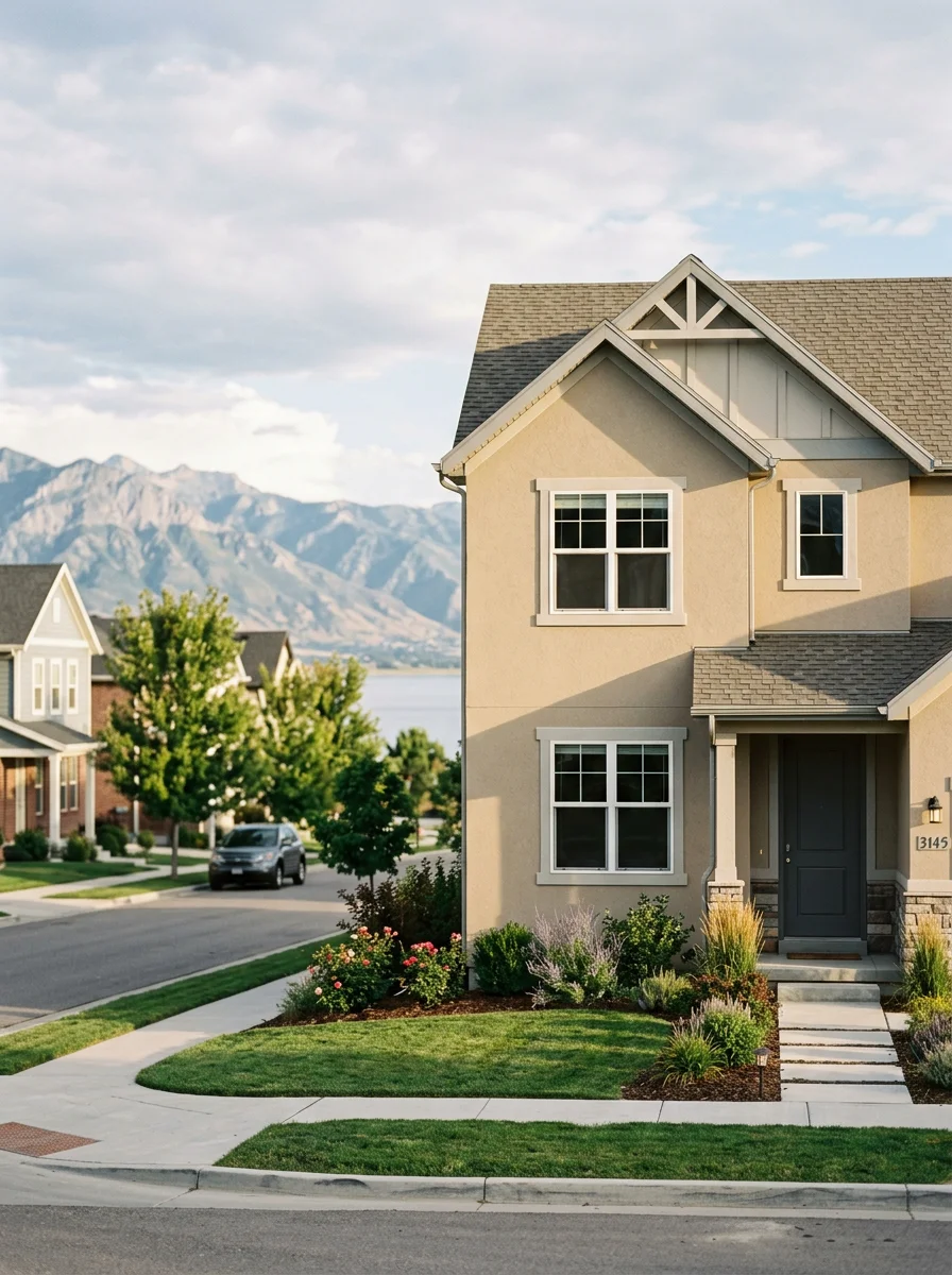 Exterior of a Saratoga Springs Utah single-family home showing fresh paint on stucco siding with Utah Lake visible in the background.
