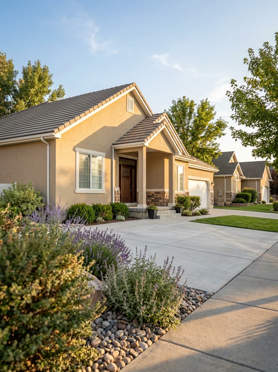 Exterior of a 1990s West Jordan Utah single-family home with fresh paint on stucco siding and a concrete driveway in the foreground.