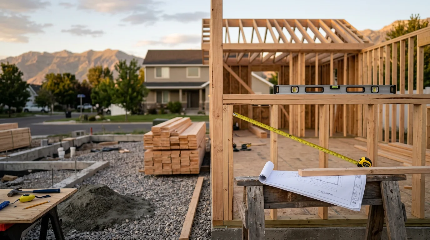A newly constructed detached accessory dwelling unit in a Lehi, Utah residential backyard, showing a finished exterior with a separate entrance set apart from the primary home. The structure sits on a landscaped lot typical of Utah County single-family properties.