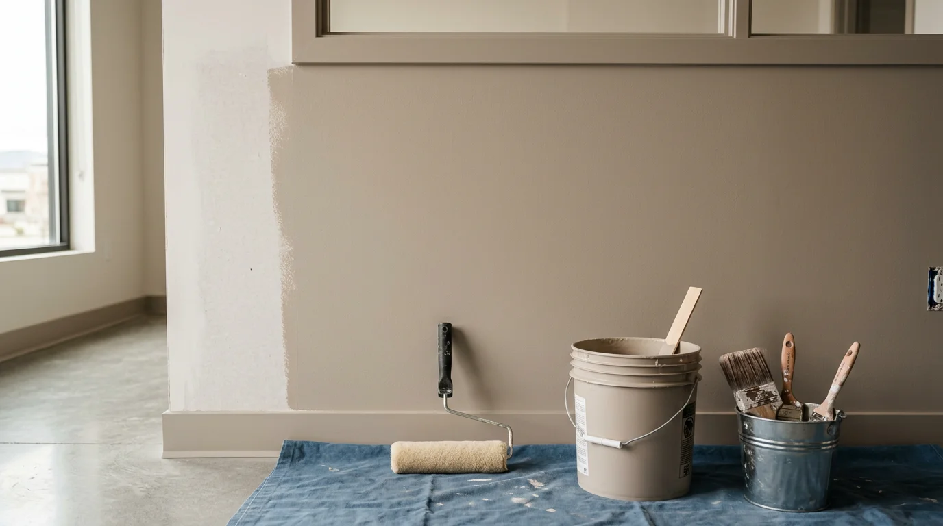 Freshly painted commercial office building exterior in Lehi, Utah, with clean wall surfaces and sharp trim lines. Interior hallway of a Utah County commercial space showing smooth, evenly applied wall paint in a professional finish.