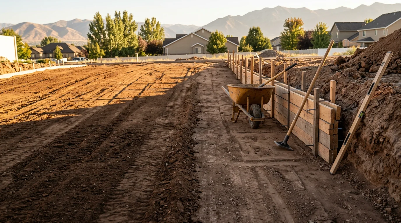 A freshly installed concrete driveway in front of a residential home in Lehi, Utah, with a smooth finished surface and clean edges meeting the garage apron. The surrounding yard shows graded soil typical of a newer Utah Valley neighborhood.