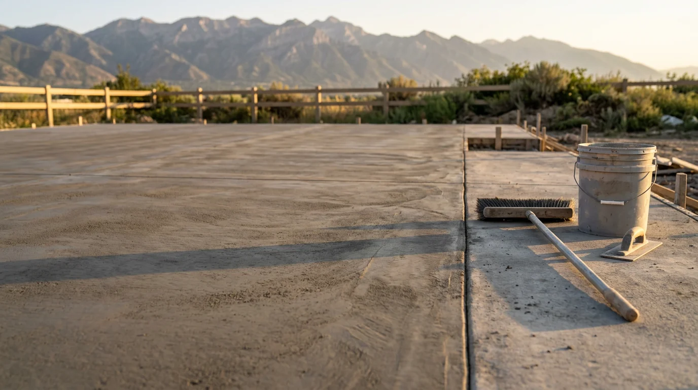 A freshly finished concrete slab with a clean broom texture in a residential backyard in Lehi, Utah. The surface shows consistent trowel lines and smooth edges along the form border.