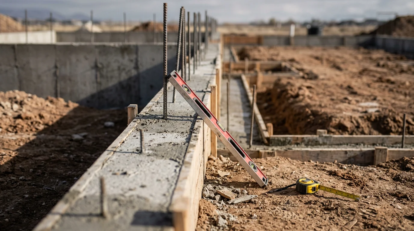 Freshly poured concrete foundation walls and footings at a residential construction site in Lehi, Utah, with formed stem walls set at grade and surrounding excavated soil visible.