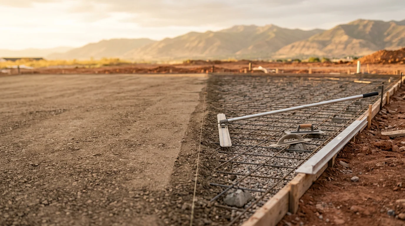 A freshly installed concrete patio behind a residential home in Lehi, Utah, with a smooth finished surface and clean edges. The patio is graded away from the house foundation with open backyard space visible in the background.