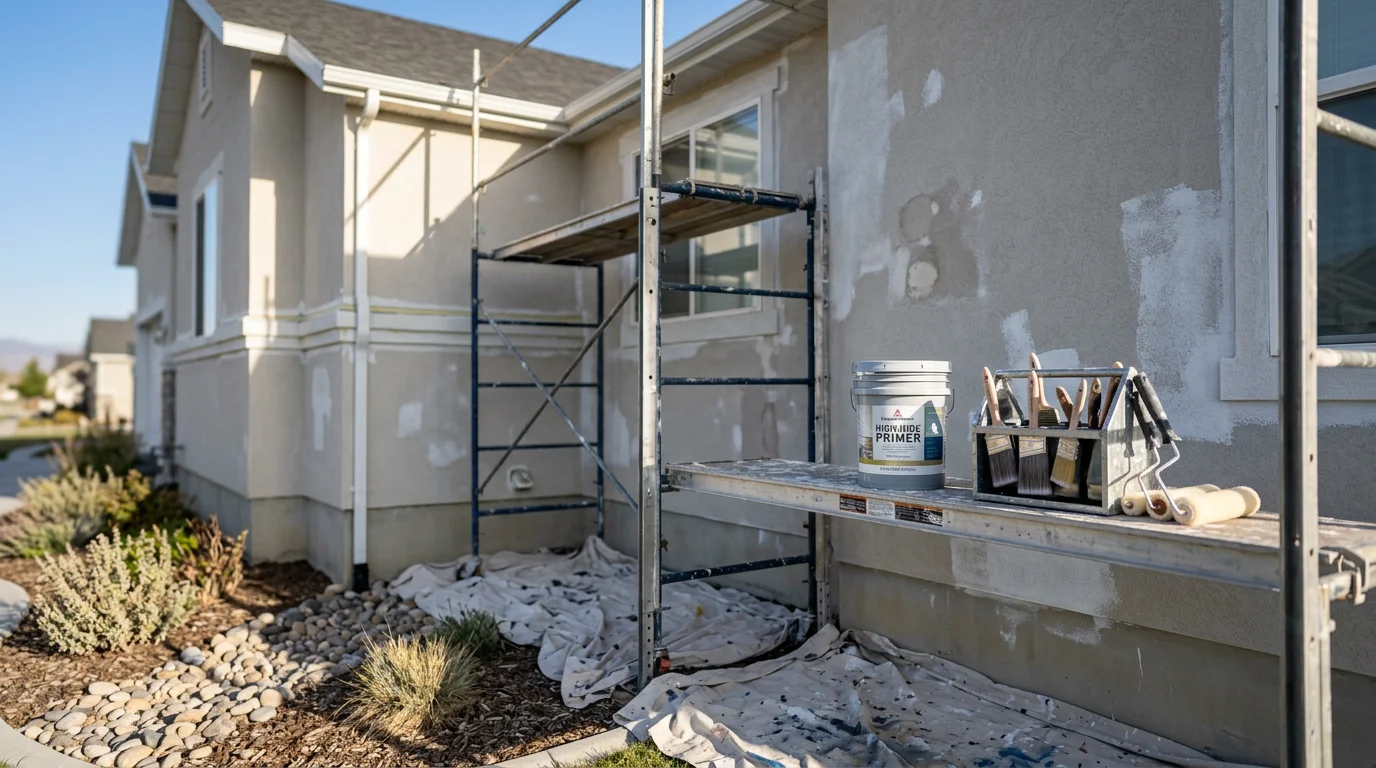 A freshly painted single-family home exterior in Lehi, Utah, showing clean stucco siding with crisp trim against a backdrop of the Wasatch Front. The finished surface shows even color coverage with no peeling or fading.