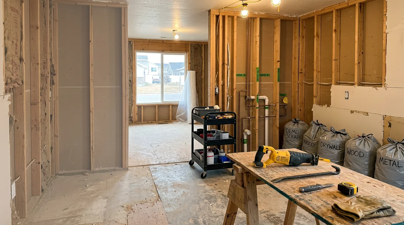 Interior of a Lehi home mid-demolition with walls stripped to the studs and flooring removed in preparation for a full remodel. Structural framing remains intact while interior materials have been cleared from the space.