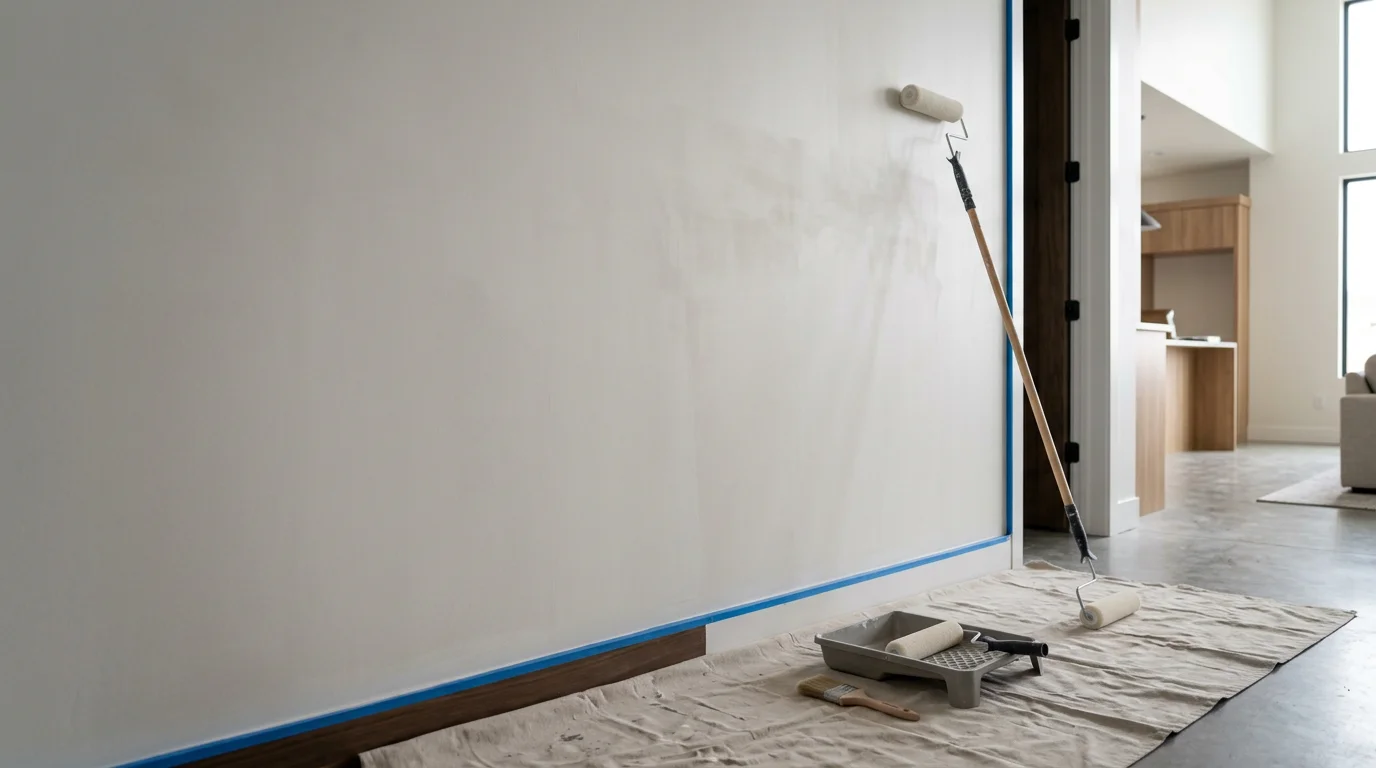 Freshly painted interior walls in a Lehi, Utah home showing clean edges along the ceiling line and smooth, even coverage across a bright living room. A paint roller and tray rest on a drop cloth covering the hardwood floor near the baseboard.