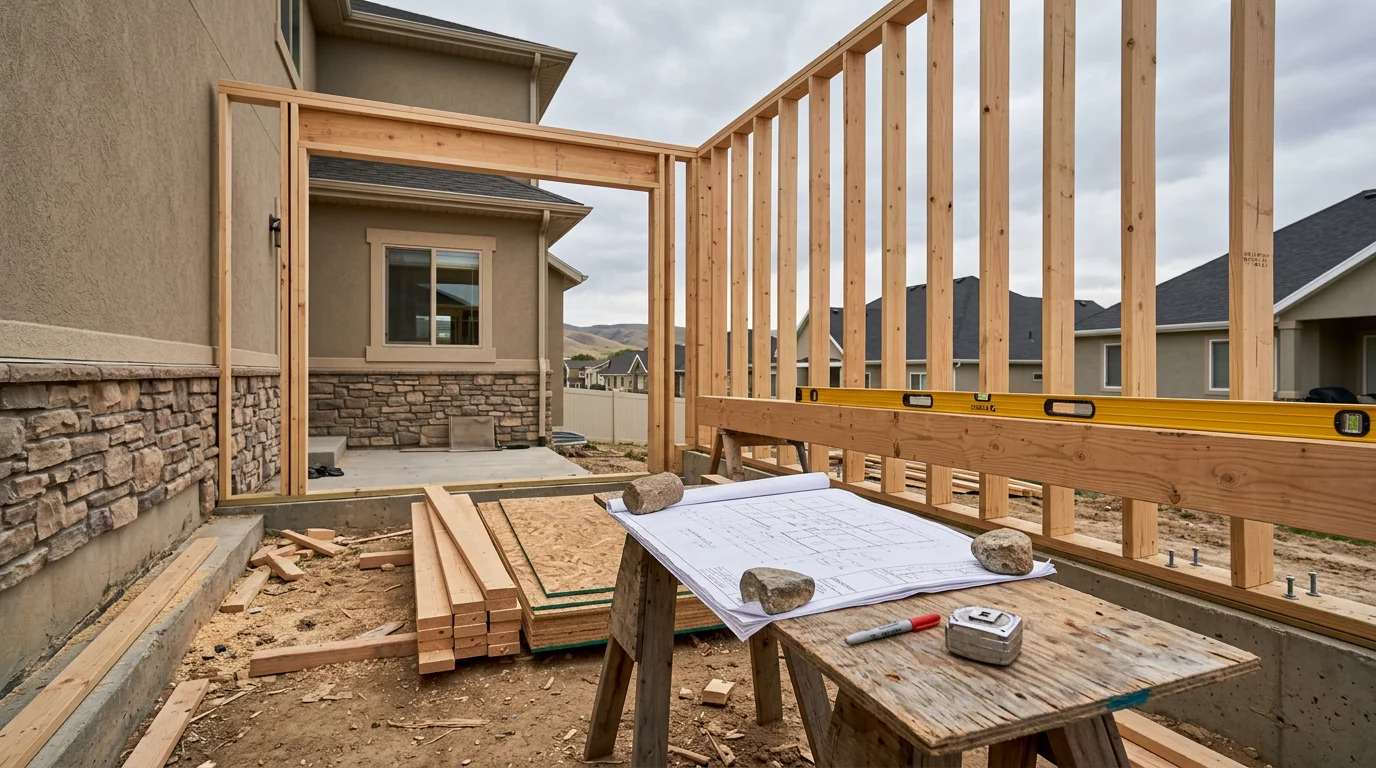 A newly completed room addition attached to a single-story home in Lehi, Utah, showing a framed and finished exterior that matches the existing roofline and siding. The addition extends the rear of the home and includes a window layout consistent with the original construction.
