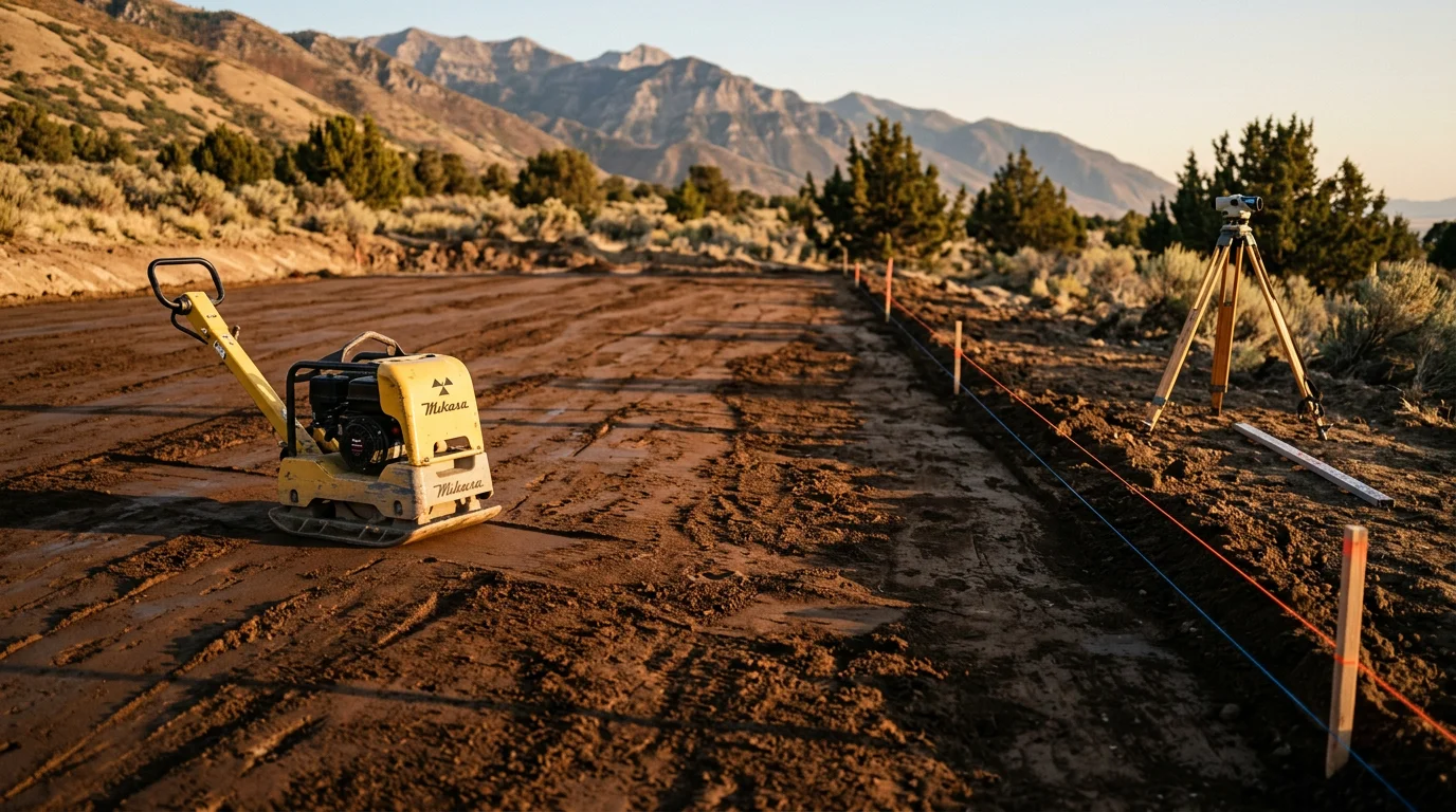 Graded and compacted subgrade at a residential concrete site in Lehi, Utah, with excavated soil leveled and ready for concrete placement. The prepared base shows clear slope away from the building line to support proper drainage.
