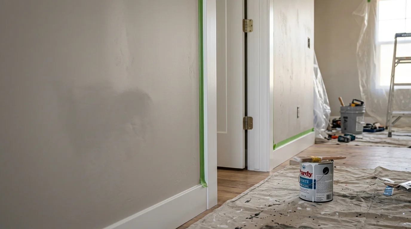 Close-up of freshly painted white interior trim and baseboards in a Lehi, Utah home, showing clean edges where the trim meets a neutral-colored wall. A painted interior door casing and window trim are visible in the background of the finished room.